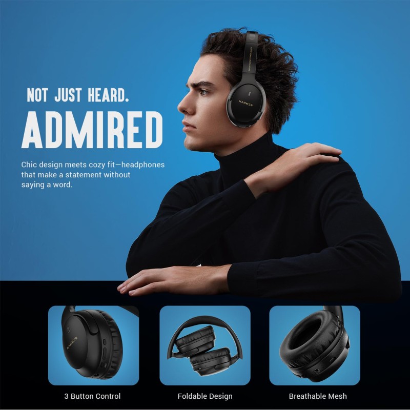 HAMMER Bash Vivid ANC Wireless Bluetooth Over-Ear Headphones with 23 dB Active Noise Cancellation, 70h Playtime Black