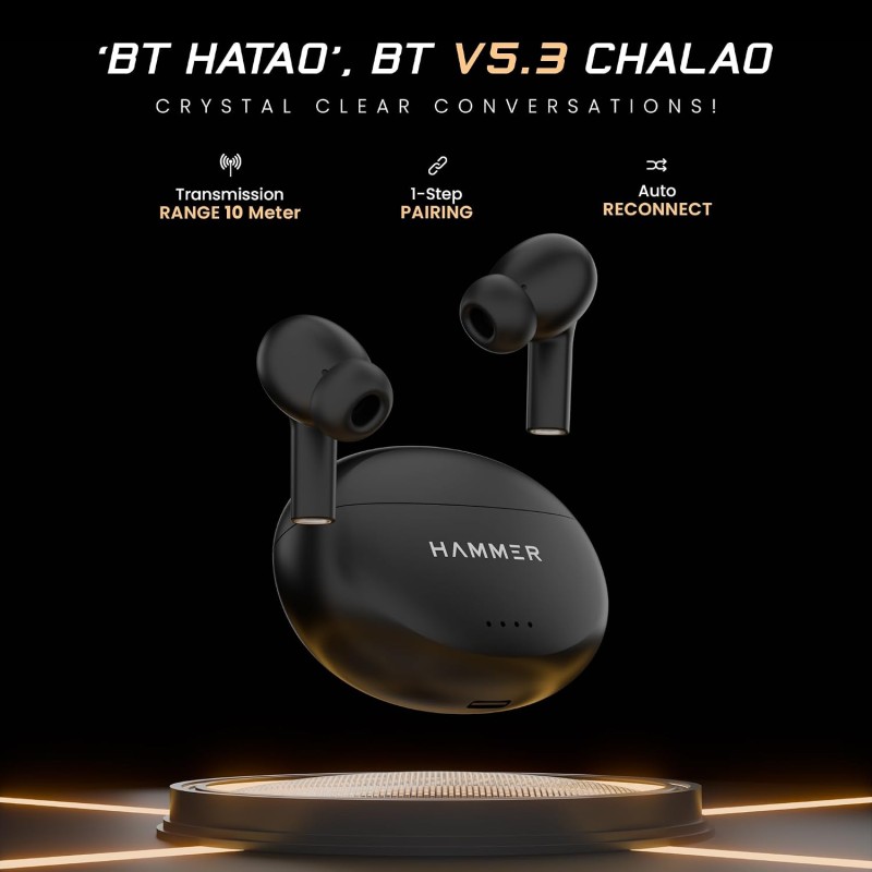 HAMMER Mini Pods True Wireless Earbuds with Upto 20H Playtime, Bluetooth v5.3, Type-C Charging Black