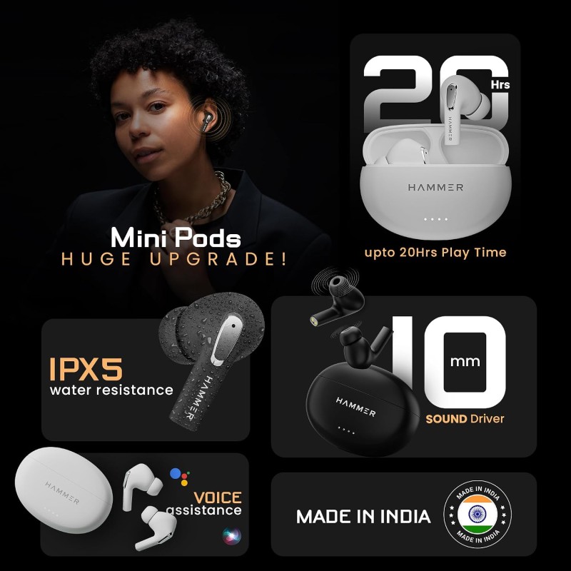 HAMMER Mini Pods True Wireless Earbuds with Upto 20H Playtime, Bluetooth v5.3, Type-C Charging Black