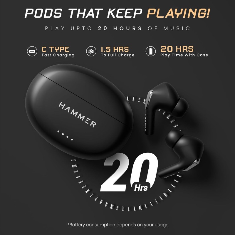 HAMMER Mini Pods True Wireless Earbuds with Upto 20H Playtime, Bluetooth v5.3, Type-C Charging Black