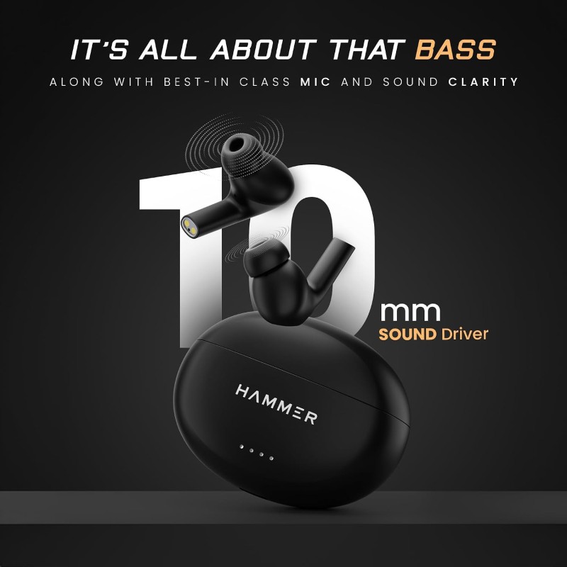 HAMMER Mini Pods True Wireless Earbuds with Upto 20H Playtime, Bluetooth v5.3, Type-C Charging Black