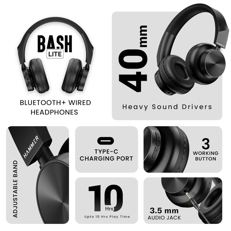 HAMMER New Launch Bash Lite Bluetooth Over The Ear Headphones with Wireless and Wired Mode, Mic, Deep Bass, 40mm Drivers (Black)