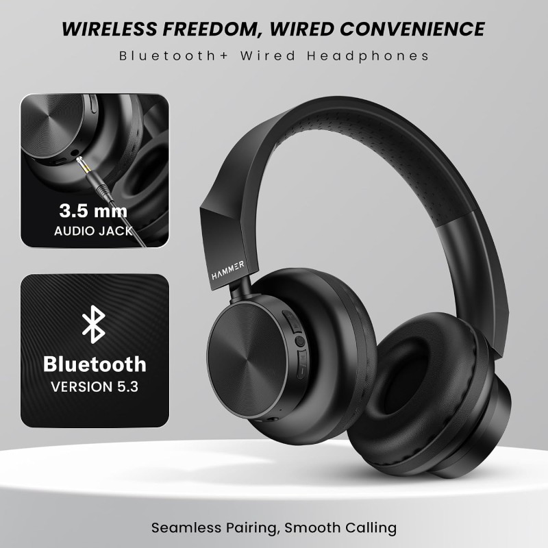 HAMMER New Launch Bash Lite Bluetooth Over The Ear Headphones with Wireless and Wired Mode, Mic, Deep Bass, 40mm Drivers (Black)