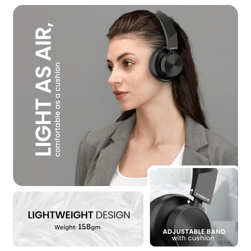 HAMMER New Launch Bash Lite Bluetooth Over The Ear Headphones with Wireless and Wired Mode, Mic, Deep Bass, 40mm Drivers (Black)