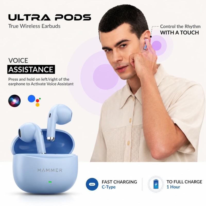 HAMMER New Ultra pods 2026 TWS Wireless Bluetooth Earbuds with Inbuilt Mic, 100H Standby Time, 50H Playtime (Blue)