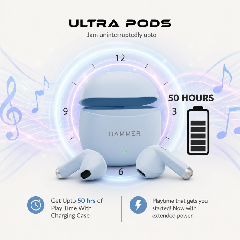 HAMMER New Ultra pods 2026 TWS Wireless Bluetooth Earbuds with Inbuilt Mic, 100H Standby Time, 50H Playtime (Blue)
