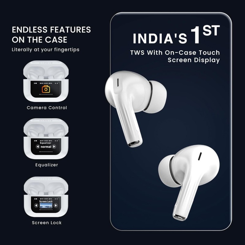 HAMMER Screen TWS Earbuds Wireless with 13mm Drivers, ANC Ear Buds 32dB, up to 50H Playtime (White)