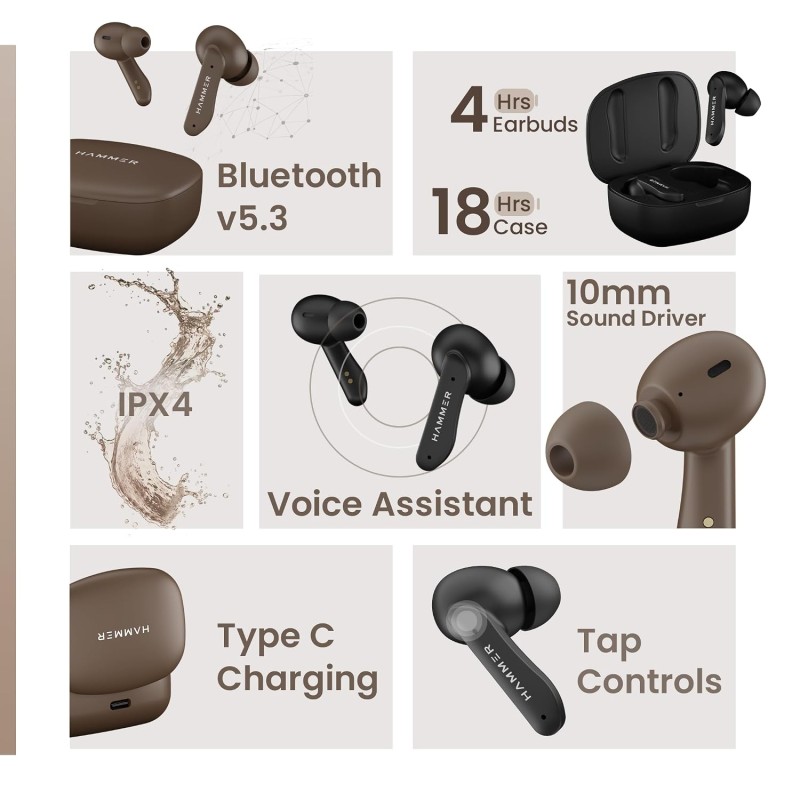 HAMMER Solitude Bluetooth Earbuds with Upto 22H Playtime, Quad Mic with ENC, Fast Charging Type-C, IPX4 Water (Truffle Black)