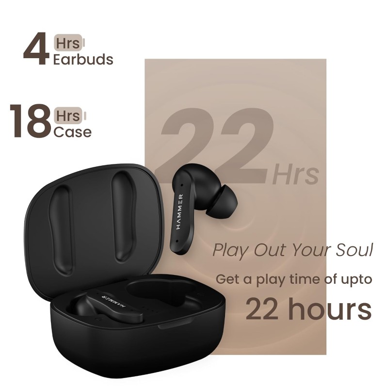 HAMMER Solitude Bluetooth Earbuds with Upto 22H Playtime, Quad Mic with ENC, Fast Charging Type-C, IPX4 Water (Truffle Black)
