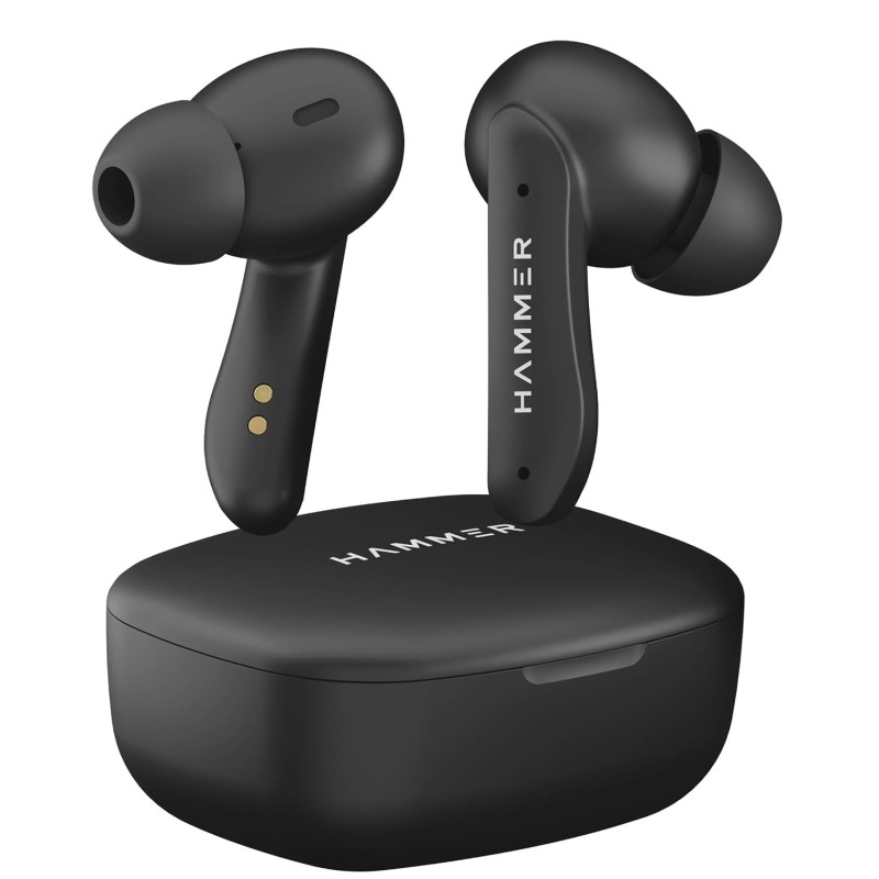 HAMMER Solitude Bluetooth Earbuds with Upto 22H Playtime, Quad Mic with ENC, Fast Charging Type-C, IPX4 Water (Truffle Black)