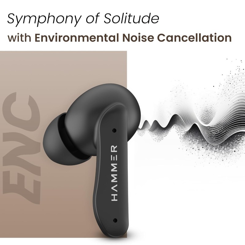 HAMMER Solitude Bluetooth Earbuds with Upto 22H Playtime, Quad Mic with ENC, Fast Charging Type-C, IPX4 Water (Truffle Black)
