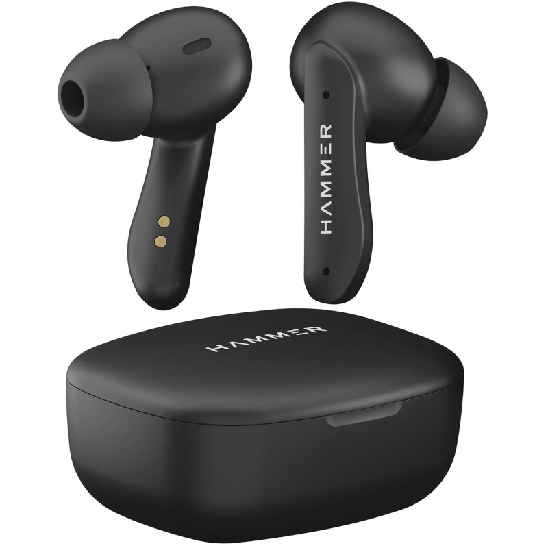 HAMMER Solitude Bluetooth Earbuds with Upto 22H Playtime, Quad Mic with ENC, Fast Charging Type-C, IPX4 Water (Truffle Black)
