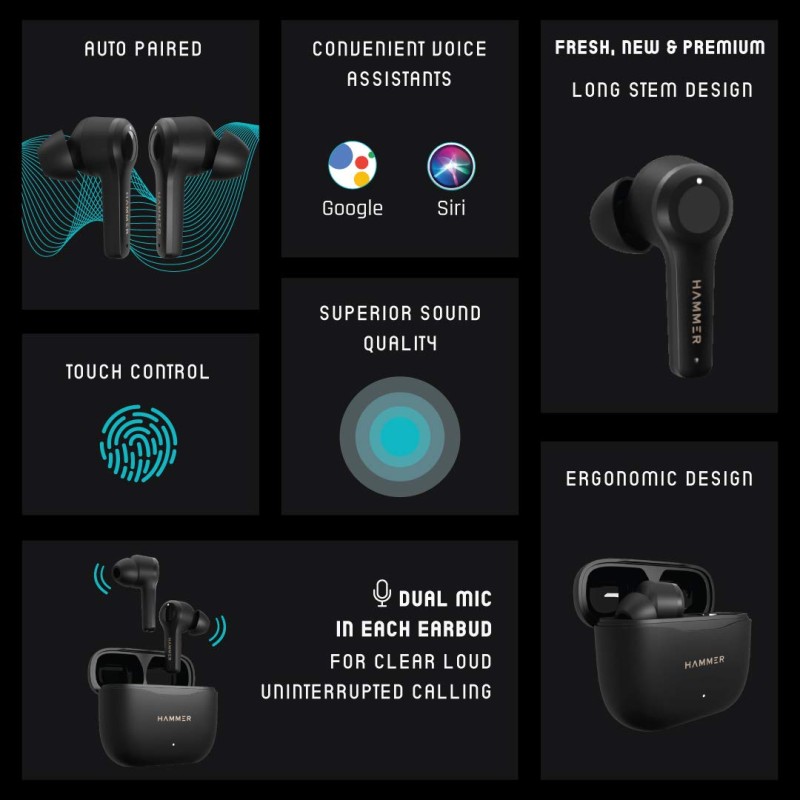HAMMER Solo PRO Bluetooth Truly Wireless in Ear Earbuds with Mic Best for Calling Upto 15 Hours Playback (Black)