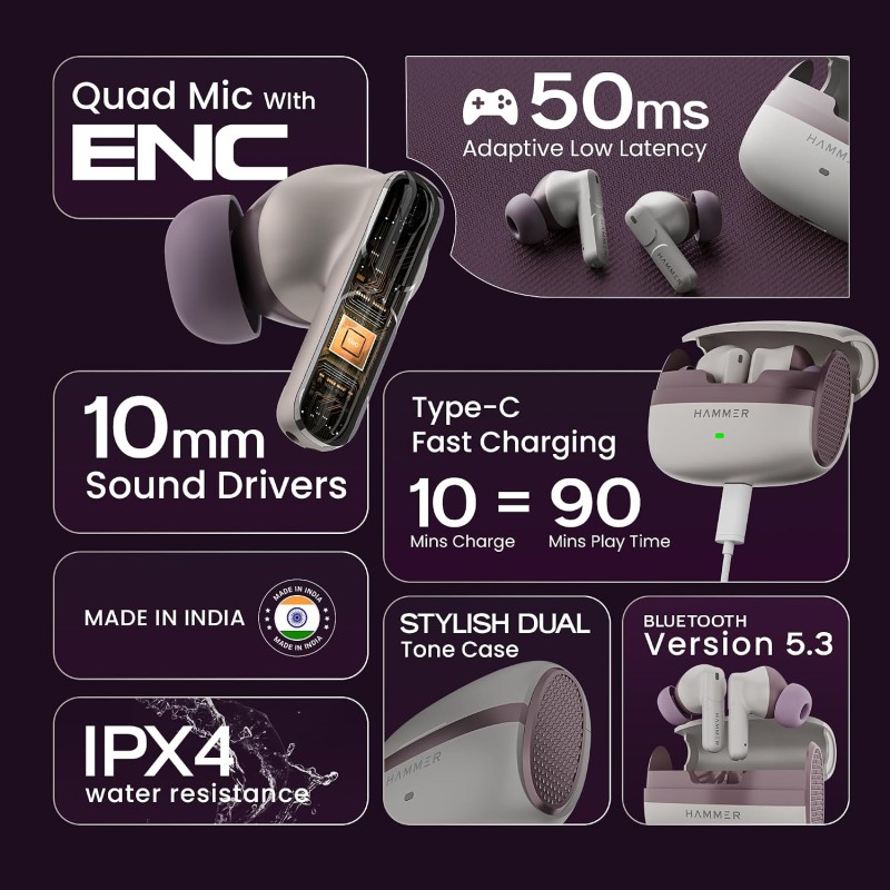 HAMMER Stellar ENC (Environmental Noise Cancelation) in-Ear TWS with 4 mics for Crystal Clear Calling, Playtime 48 Hrs (Cream)
