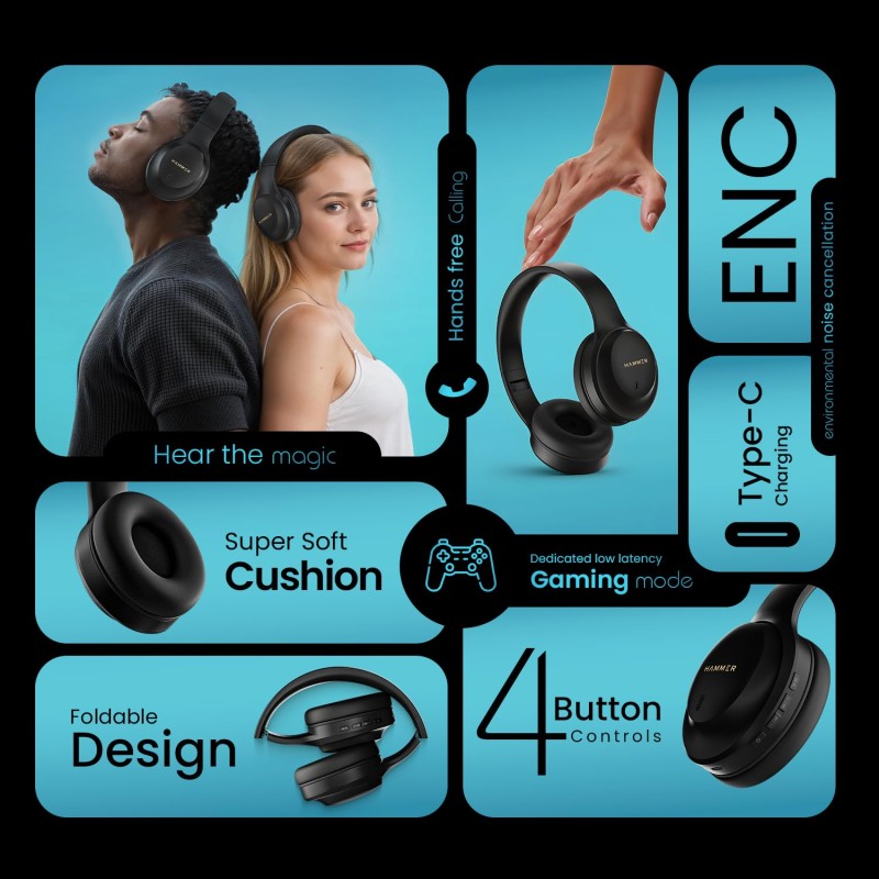 HAMMER Vibe ENC Bluetooth Headphone, 40mm Driver, Dual Pairing, 60hrs Playtime, Voice Assistant, BT V5.4 (Black)