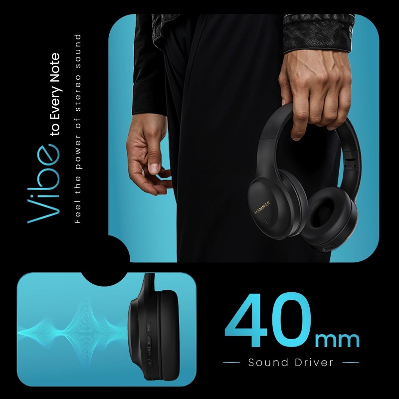 HAMMER Vibe ENC Bluetooth Headphone, 40mm Driver, Dual Pairing, 60hrs Playtime, Voice Assistant, BT V5.4 (Black)