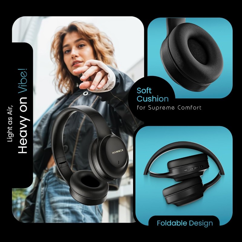 HAMMER Vibe ENC Bluetooth Headphone, 40mm Driver, Dual Pairing, 60hrs Playtime, Voice Assistant, BT V5.4 (Black)