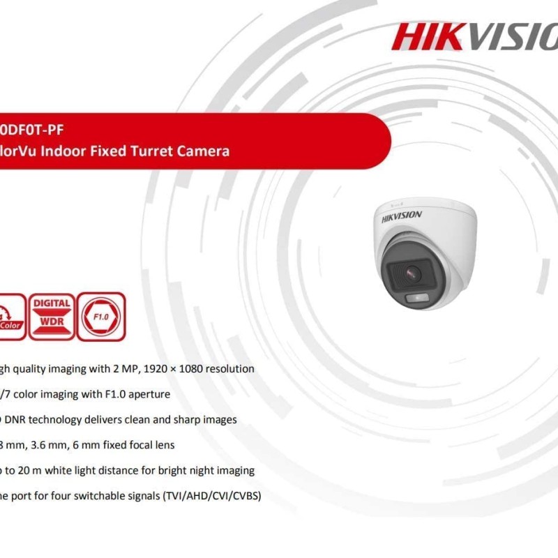 HIK Color-VU DS-2CE70DF0T-PF 2 MP Night Vision Dome Indoor CCTV, Compatible for All HIKVISION 2MP and Above DVRs 3.6 mm Lens