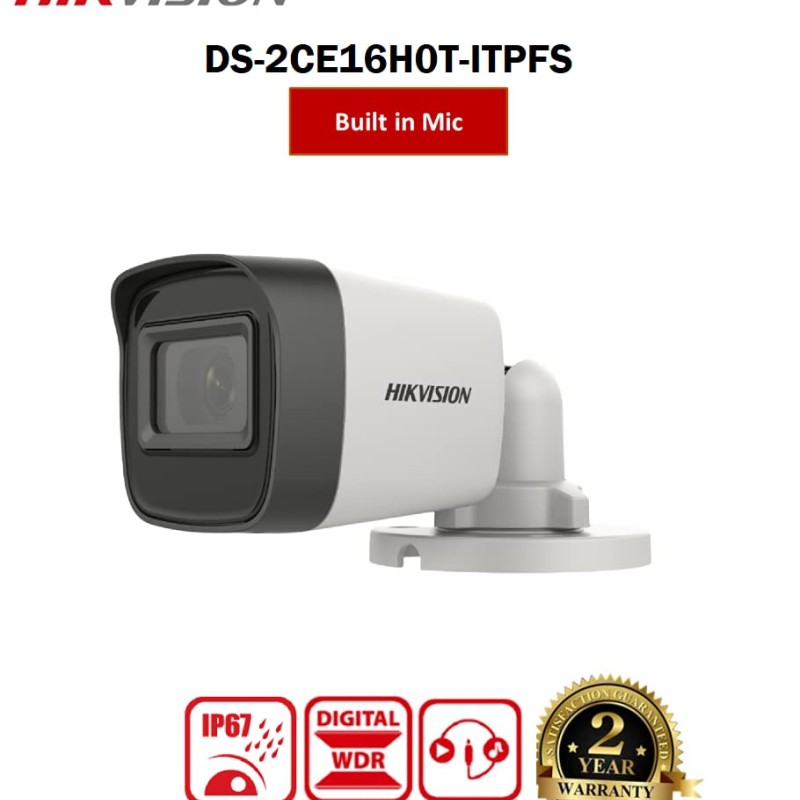 Hikvision 5 Mp Outdoor Bullet Cctv Ethernet Camera With Inbuilt Audio Mic Ip67 Ds-2ce16h0t-itpfs + Bnc/dc, 1080p White