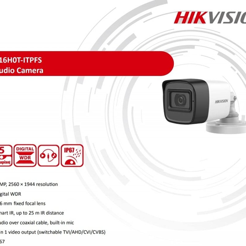 Hikvision 5 Mp Outdoor Bullet Cctv Ethernet Camera With Inbuilt Audio Mic Ip67 Ds-2ce16h0t-itpfs + Bnc/dc, 1080p White
