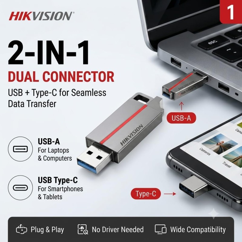 HIKVISION E307C 64GB Dual OTG Pen Drive with Type-C & USB-A | USB 3.2 Metal Flash Drive | Upto 130MB/s Read Speed | HS-USB-E307C(DZ)/64G