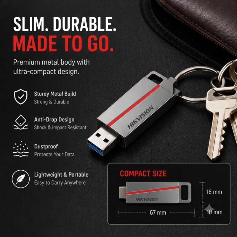 HIKVISION E307C 64GB Dual OTG Pen Drive with Type-C & USB-A | USB 3.2 Metal Flash Drive | Upto 130MB/s Read Speed | HS-USB-E307C(DZ)/64G