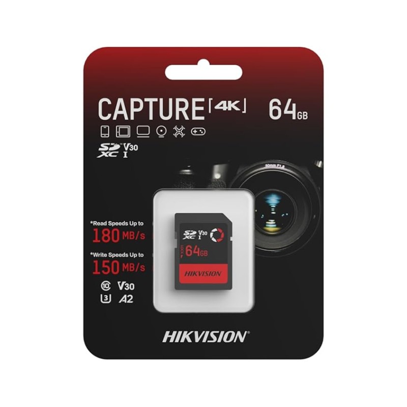 HIKVISION V30 64GB SDXC SD Card | UHS-I U3 V30 | 180MB/s Read, 150MB/s Write Speed | 4K Recording