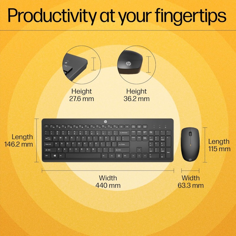 HP 230 Black Chicklet Wireless USB Keyboard and Mouse Set with 2.4GHz Wireless Connection dpi/Black (18H24AA)
