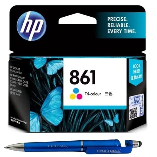 HP 861 Ink Cartridge (Colour) with 3in1 Multi-Function Mobile Phone Stand, Stylus Pen, Anti-Metal Texture Rotating Ballpoint Pen (Very Colors)