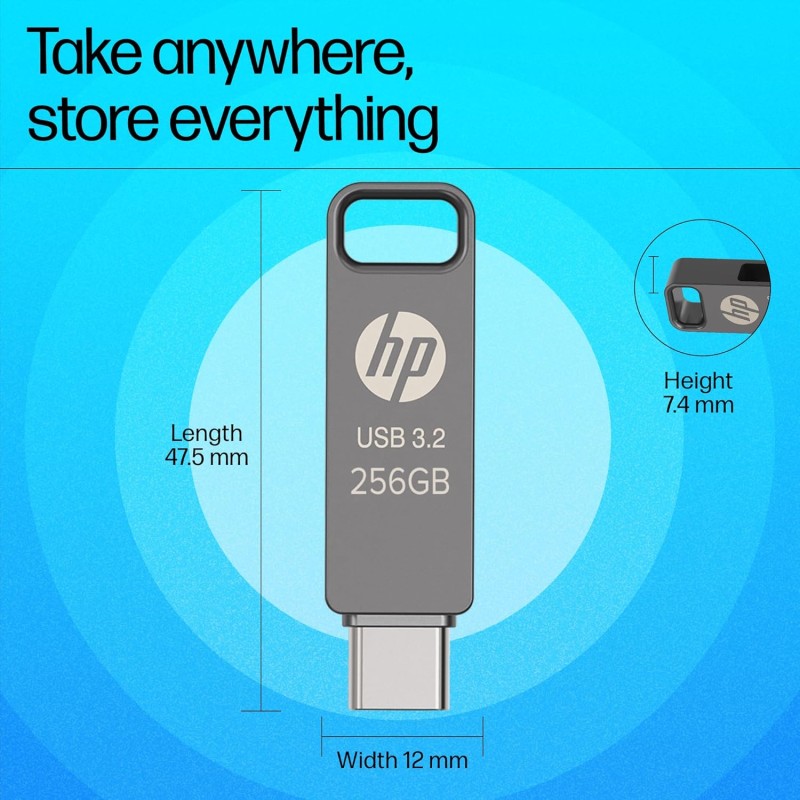 HP 886C 256GB OTG Flash Drive 3.2 Rock/Metallic Swivel Design/Durable Metal Material