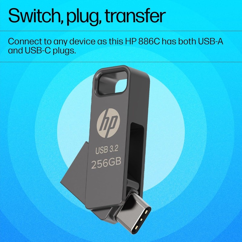 HP 886C 256GB OTG Flash Drive 3.2 Rock/Metallic Swivel Design/Durable Metal Material