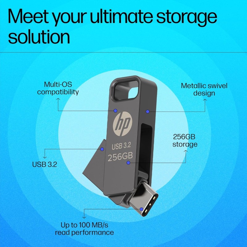 HP 886C 256GB OTG Flash Drive 3.2 Rock/Metallic Swivel Design/Durable Metal Material