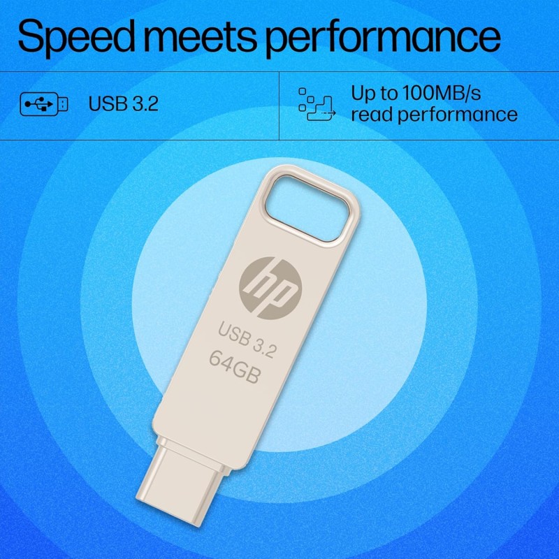 HP 886C 64GB OTG Flash Drive 3.2 Gold/Metallic Swivel Design/Durable Metal Material