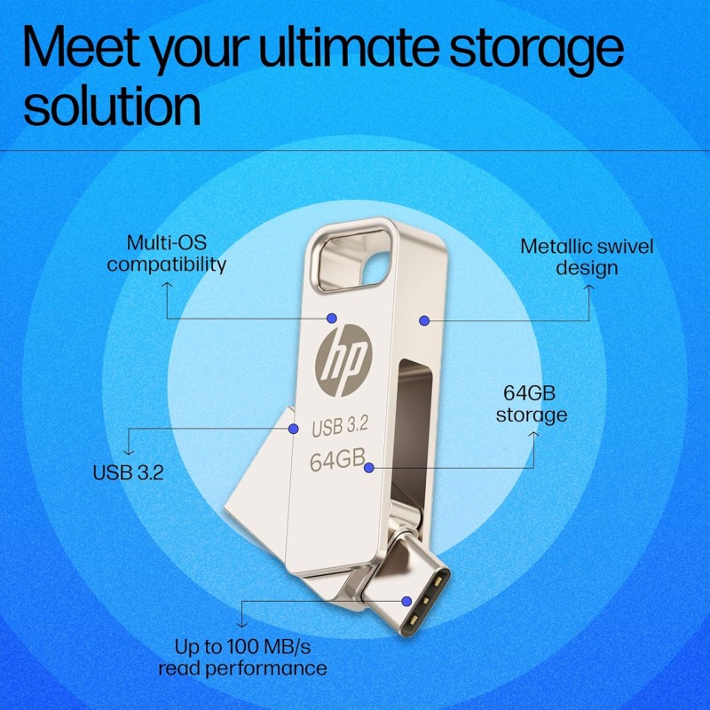 HP 886C 64GB OTG Flash Drive 3.2 Gold/Metallic Swivel Design/Durable Metal Material