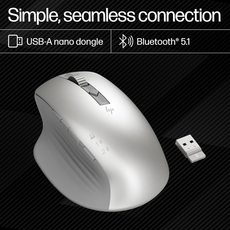 HP 930 Creator Wireless Mouse, USB-A dongle, Bluetooth 5.1, 7 programmable Buttons, Up to 4000 dpi, Pair up to 3 Devices, Rechargeable 12-Week Battery, 3-Year Warranty, 0.13 kg, Silver, 1D0K9AA