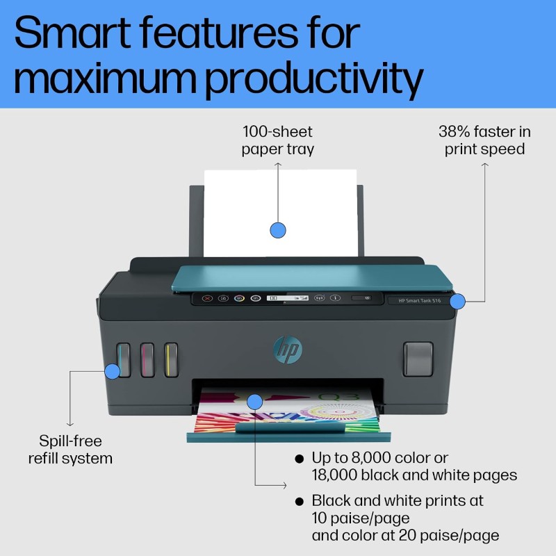 HP Ink Tank 516 Color Printer, Scanner, & Copier with High Capacity Tank for Home