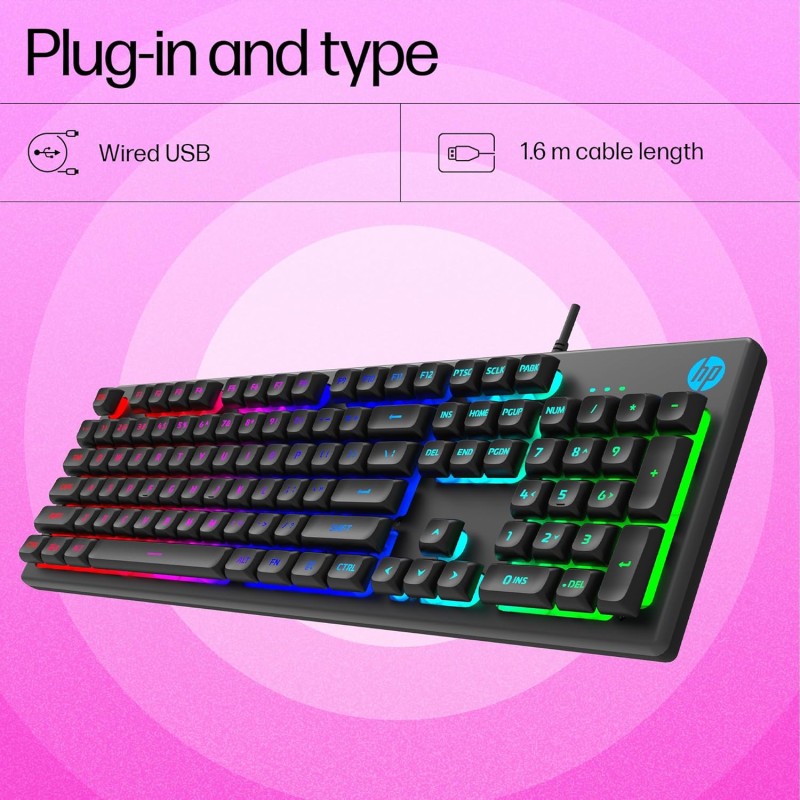 HP K500F Wired Gaming Keyboard, Backlit Membrane with Mixed Color Lighting, Metal Panel with Logo Lighting