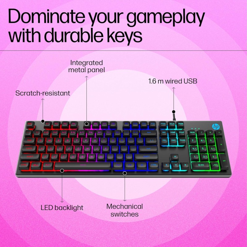 HP K500F Wired Gaming Keyboard, Backlit Membrane with Mixed Color Lighting, Metal Panel with Logo Lighting
