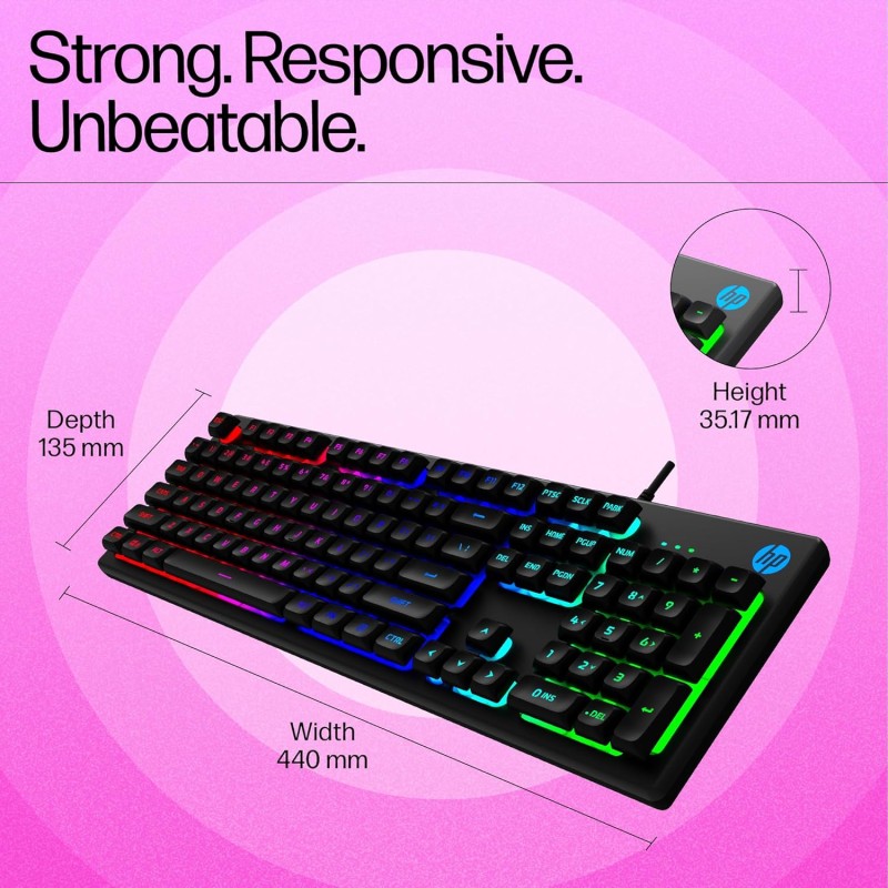 HP K500F Wired Gaming Keyboard, Backlit Membrane with Mixed Color Lighting, Metal Panel with Logo Lighting
