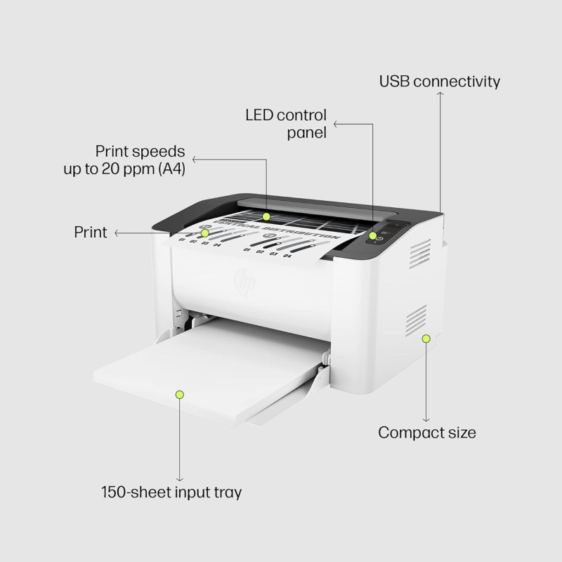 HP Laser 1008a Printer, Single Function, Print, Hi-Speed USB 2.0, Up to 21 ppm, 150-sheet Input Tray Black and White, 714Z8A