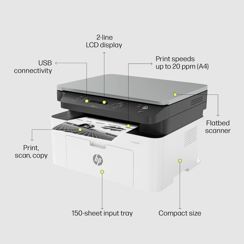 HP Laser MFP 1188a, Print, Copy, Scan, Hi-Speed USB 2.0, Up to 21 ppm, 150-sheet Input Tray, 100-sheet Output Tray, 10,000-page Duty Cycle, Black and White,