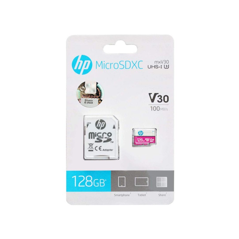 HP Micro SD Card 128GB with Adapter U3 V30, Write Speed 85MB/s & Read Speed 100 MB/s (Pink)