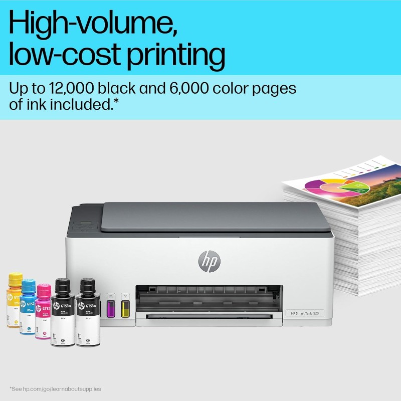 HP Smart Tank 520 All-in-One Colour Printer | 1 Extra Black Ink Bottle | Up to 8000 Black & 6000 Colour Prints | Print,Scan & Copy for Office/Home