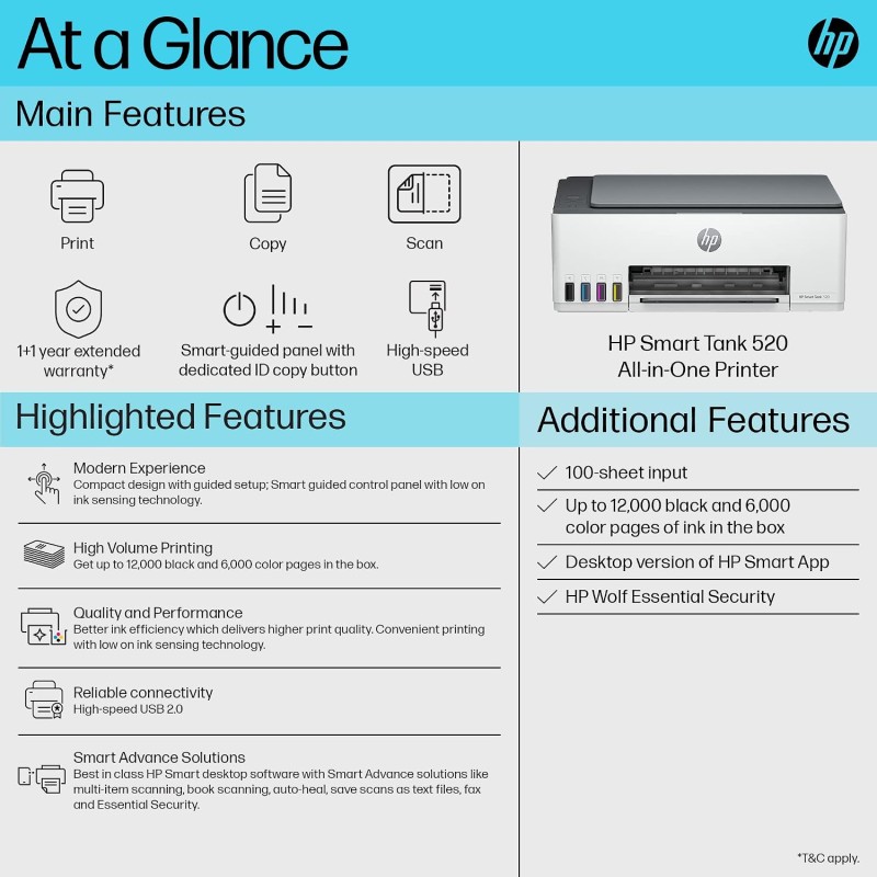 HP Smart Tank 520 All-in-One Colour Printer | 1 Extra Black Ink Bottle | Up to 8000 Black & 6000 Colour Prints | Print,Scan & Copy for Office/Home