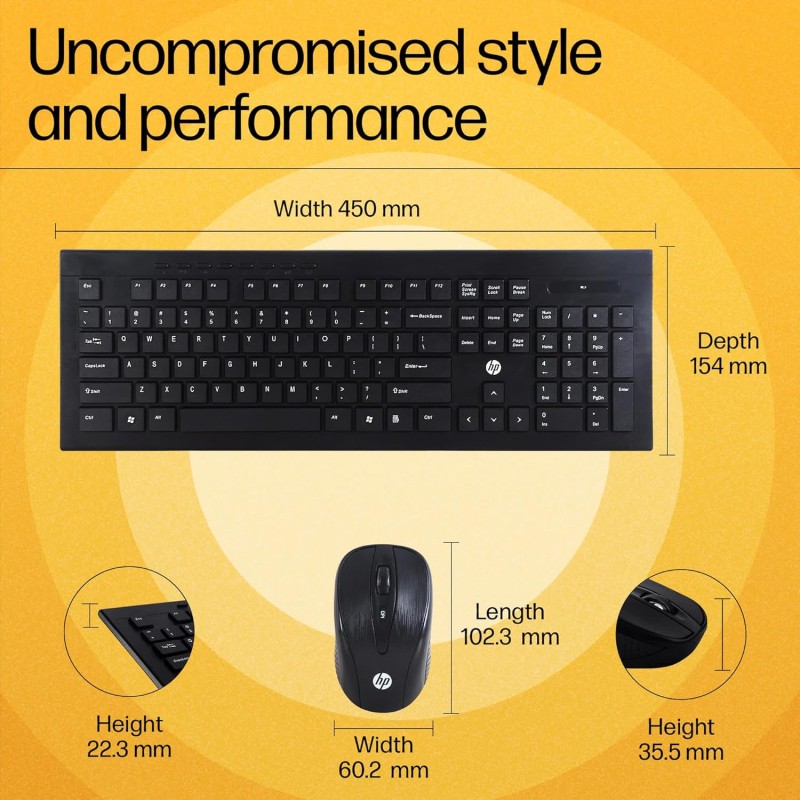 HP USB Wireless Spill Resistance Keyboard and Mouse Combo with 10m Working Range 2.4G Wireless 