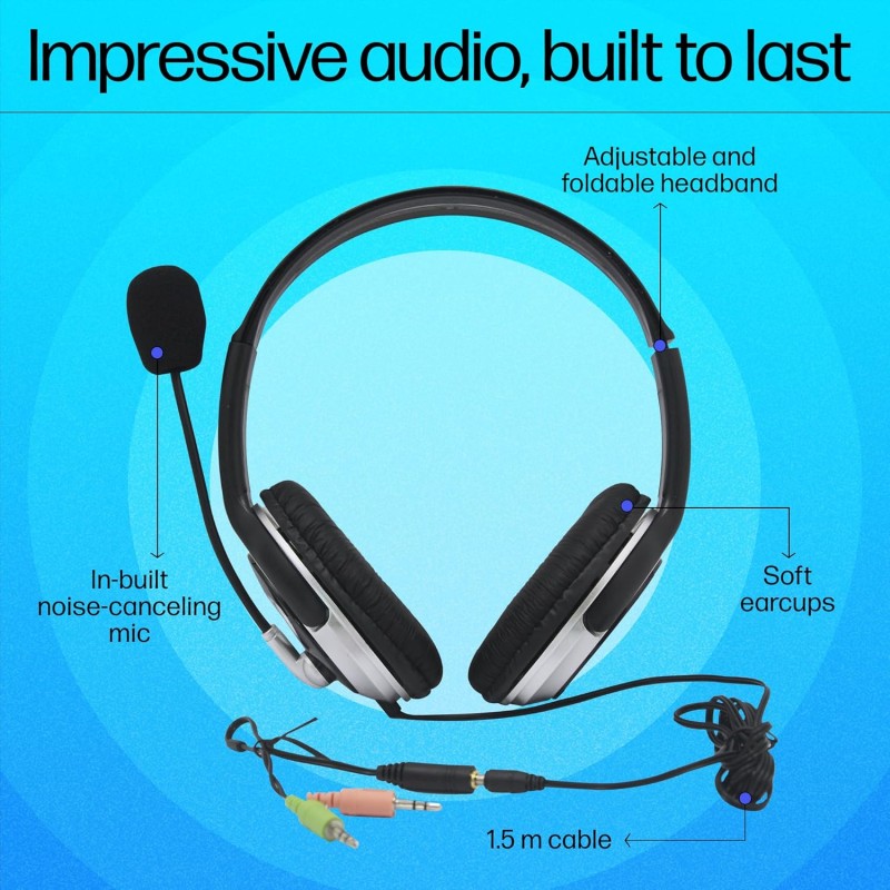 HP Wired On Ear Headphones with Mic with 3.5 Mm Drivers, in-Built Noise Cancelling, Foldable and Adjustable (B4B09PA)