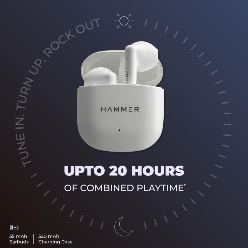 Hammer KO Pro Bluetooth Earbuds with Upto 20H Playtime, ENC, Fast Charging Type-C, IPX4 Water Resistant (White)