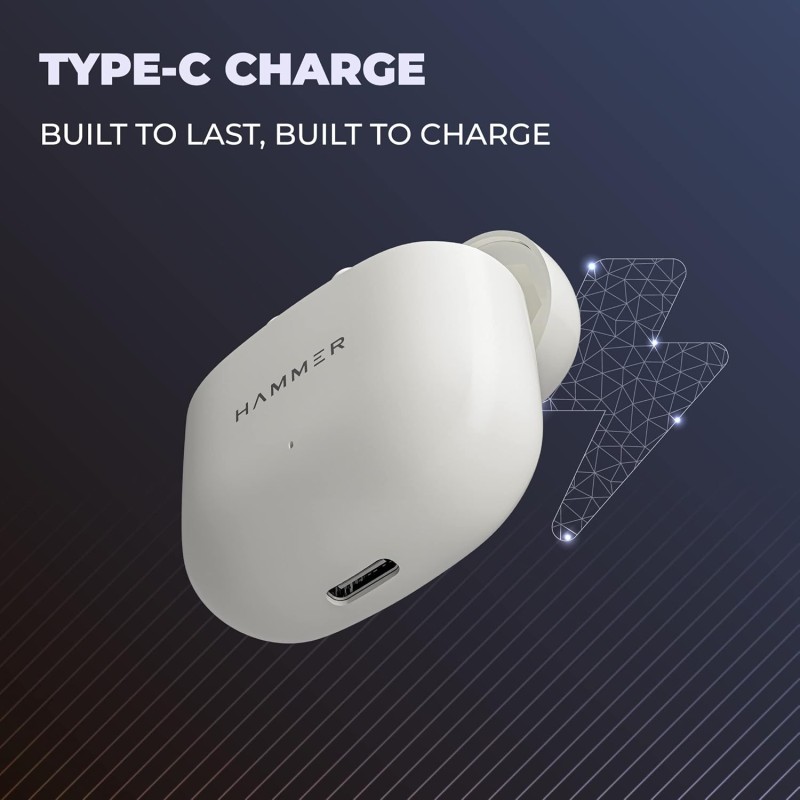 Hammer KO Pro Bluetooth Earbuds with Upto 20H Playtime, ENC, Fast Charging Type-C, IPX4 Water Resistant (White)