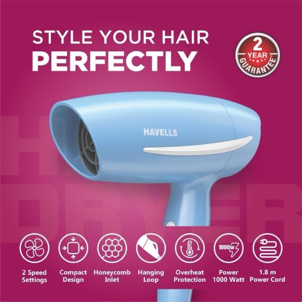 Havells 1000 Watts Hair Dryer, 2 Heat Settings (Hot/Warm), Over Heat Protection | Gentle & Efficient Drying