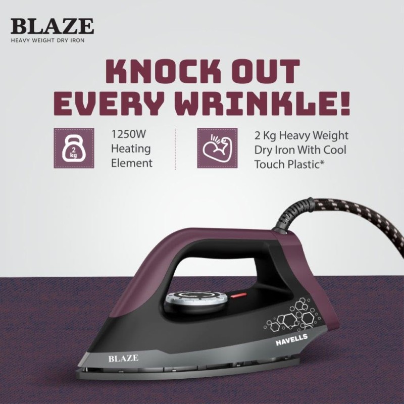 Havells Blaze Dry Iron 2 KG Heavy Weight Dry Iron| 1250W| American Heritage Non-stick Coated Sole Plate For Smooth Gliding & Long Life (Black)